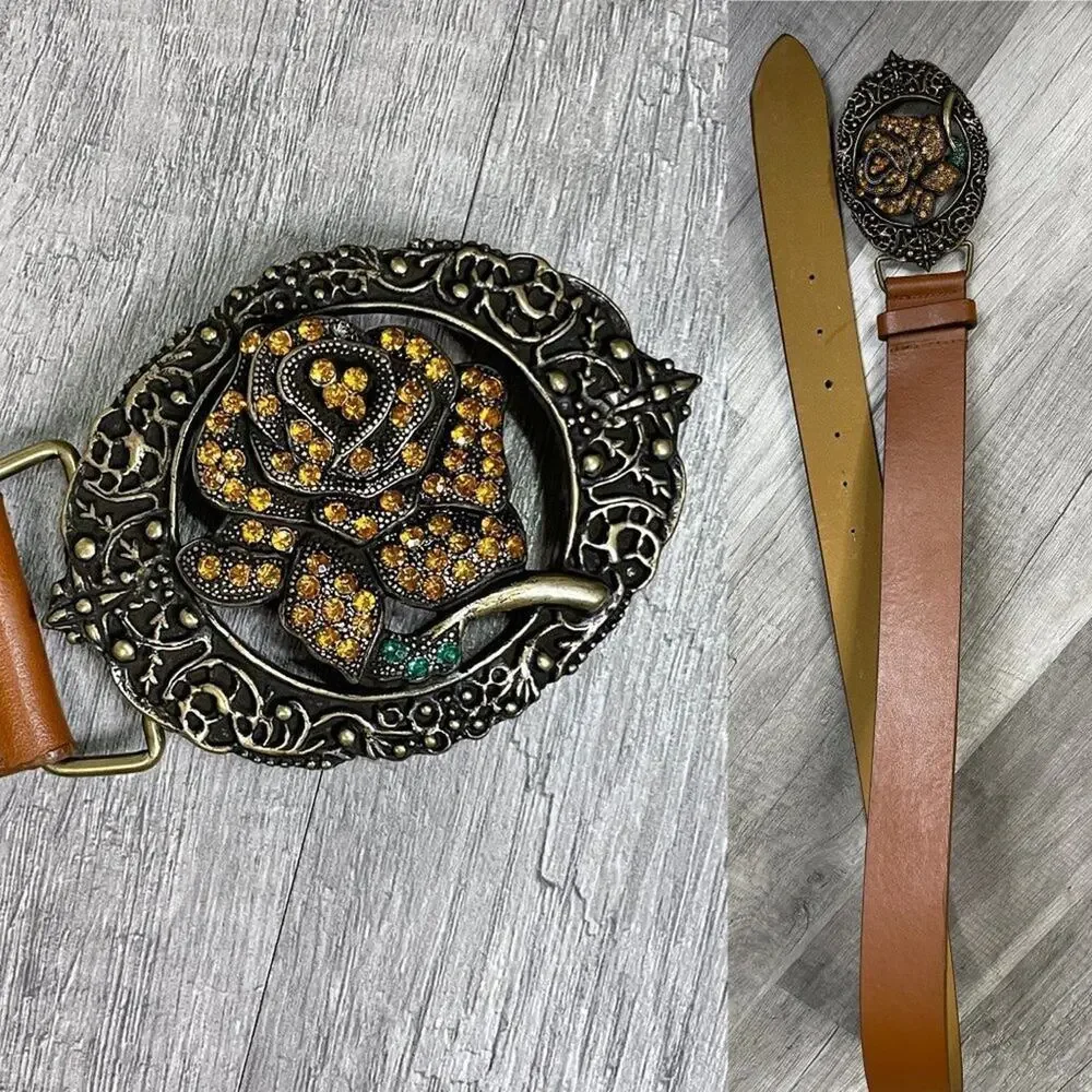 Brown Leather Belt Statement Rose Rhinestone Buckle Medium